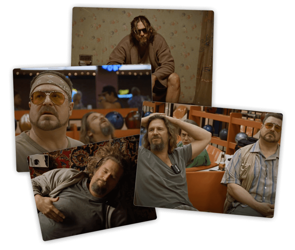 Photo collage featuring various screenshots from the movie 'Big Lebowski', © 1998 PolyGram Filmed Entertainment/Working Title Films